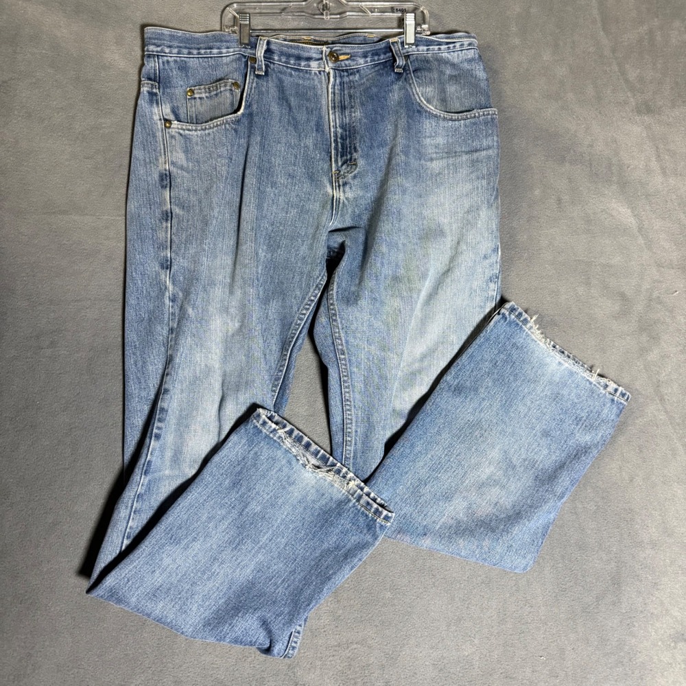 JL Powell Mens Straight Leg Jeans Blue Medium Wash Made in USA 38x32 Frayed Hem